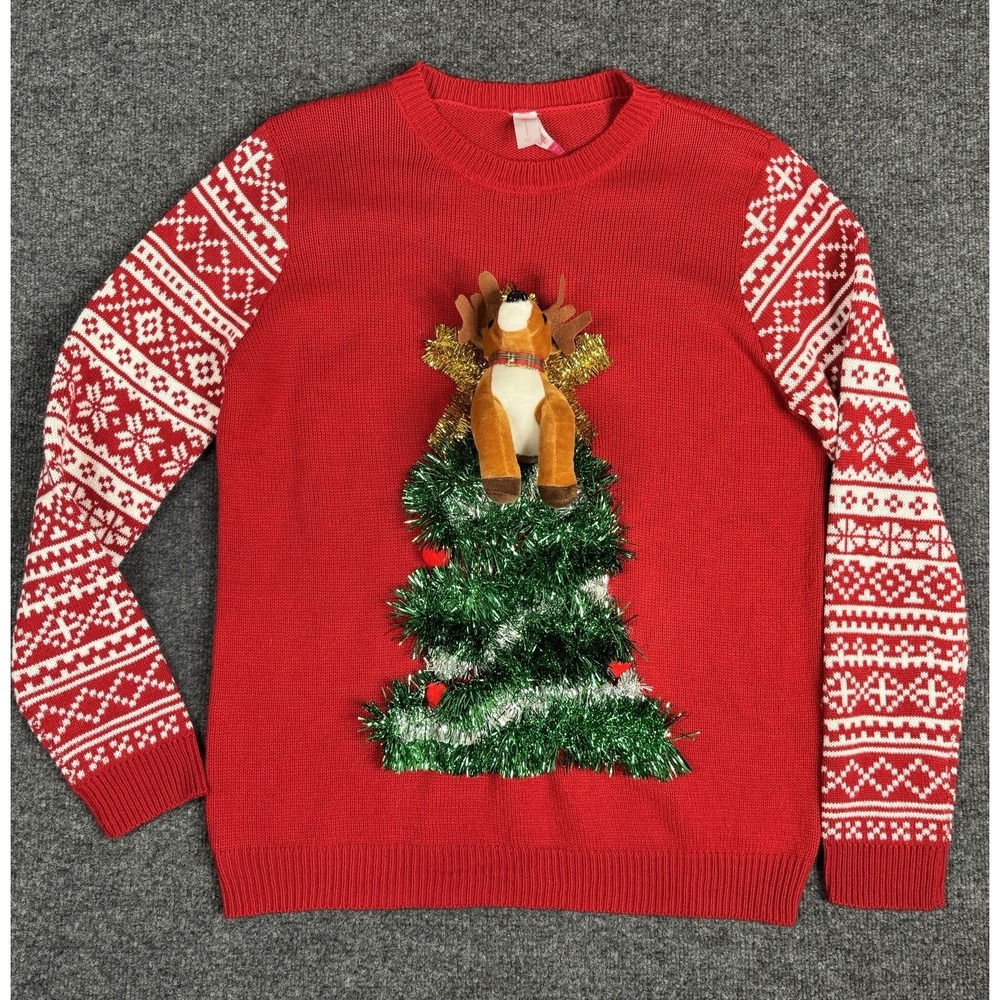 No Boundaries cute Ugly Christmas Sweater-3D Pop Out Reindeer, XXL Red